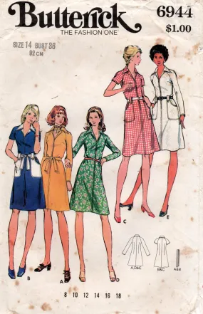 Butterick 6944 Womens Raglan Sleeved Zip Front Shirtdress 1970s Vintage Sewing Pattern Size 14 Bust 36 inches