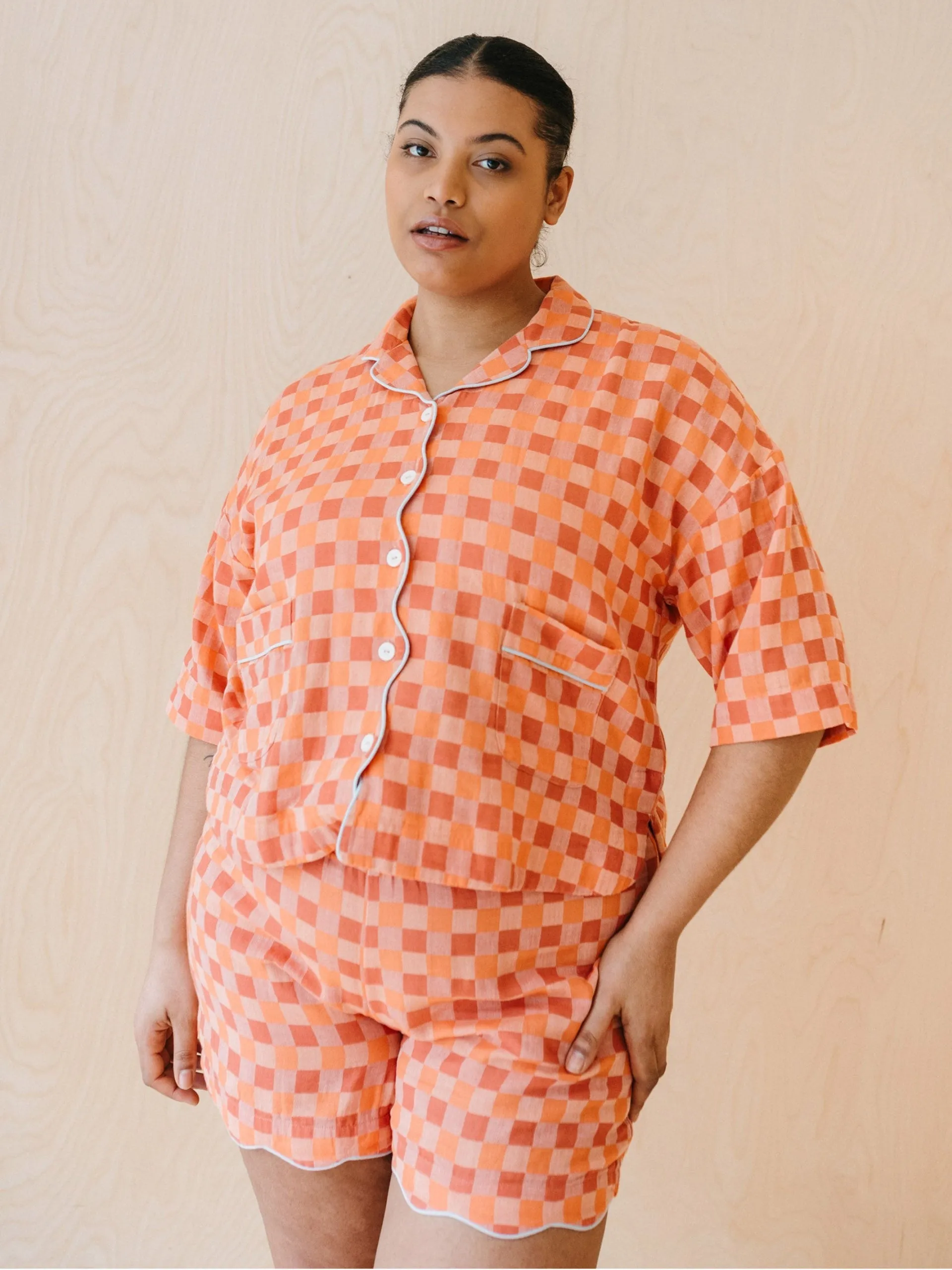 Cotton pyjamas in apricot checkerboard