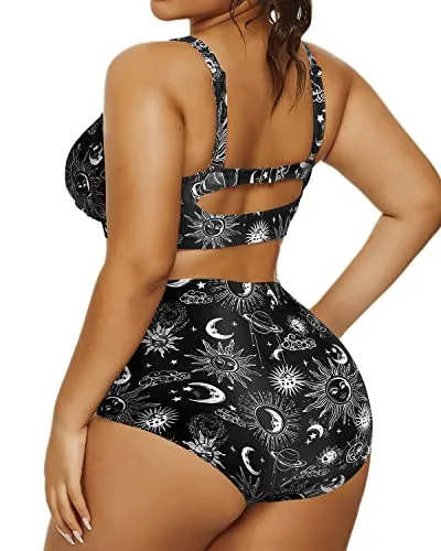 Ladies Padded High Waisted Bikini Sweetheart Neckline-Black Sun And Moon