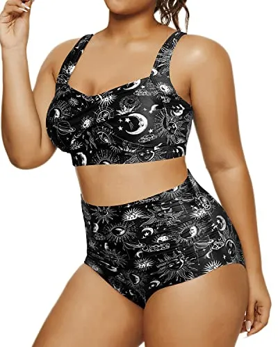 Ladies Padded High Waisted Bikini Sweetheart Neckline-Black Sun And Moon