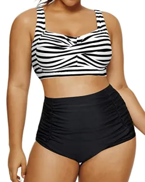 Open Back Retro Bikini Bathing Suit Twisted Front Bikini-Black And White Stripe