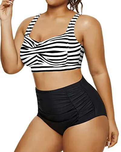 Open Back Retro Bikini Bathing Suit Twisted Front Bikini-Black And White Stripe