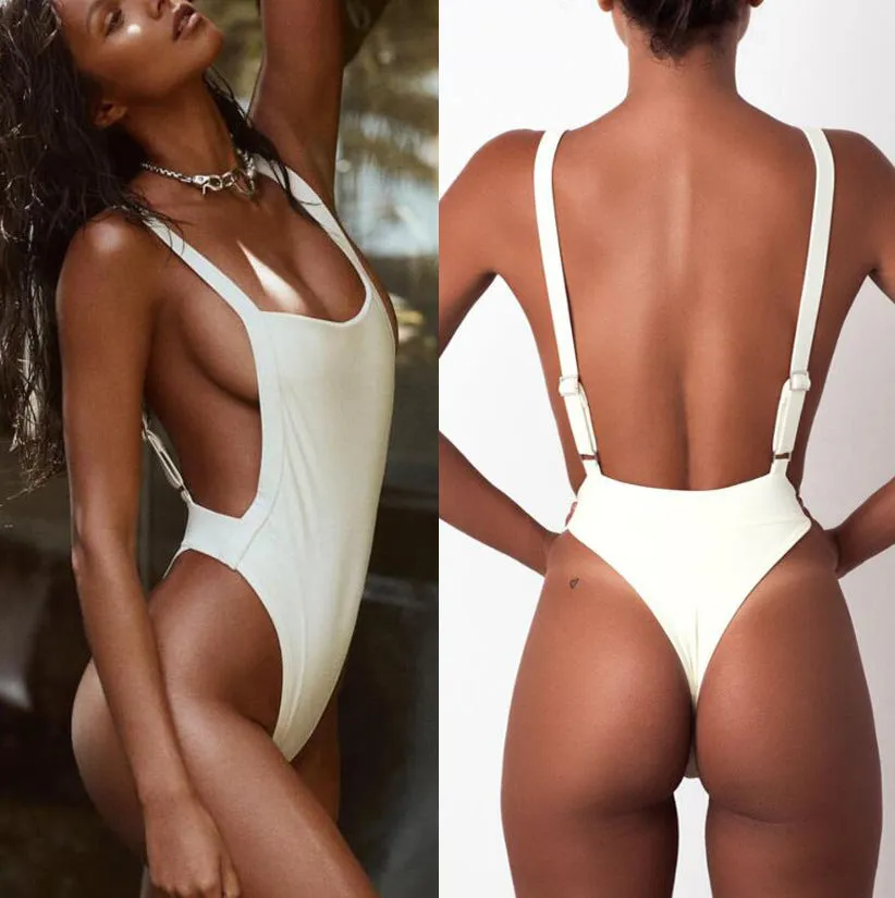 Plain Sling Backless High Rise One Pieces Swimsuit