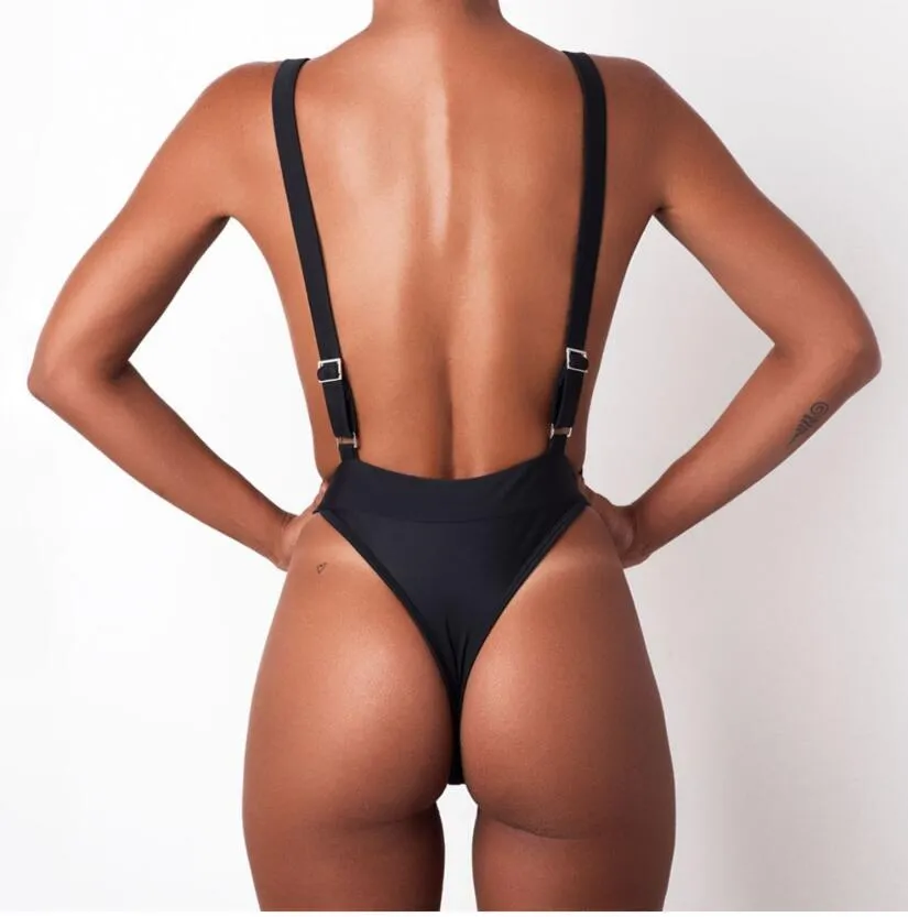Plain Sling Backless High Rise One Pieces Swimsuit