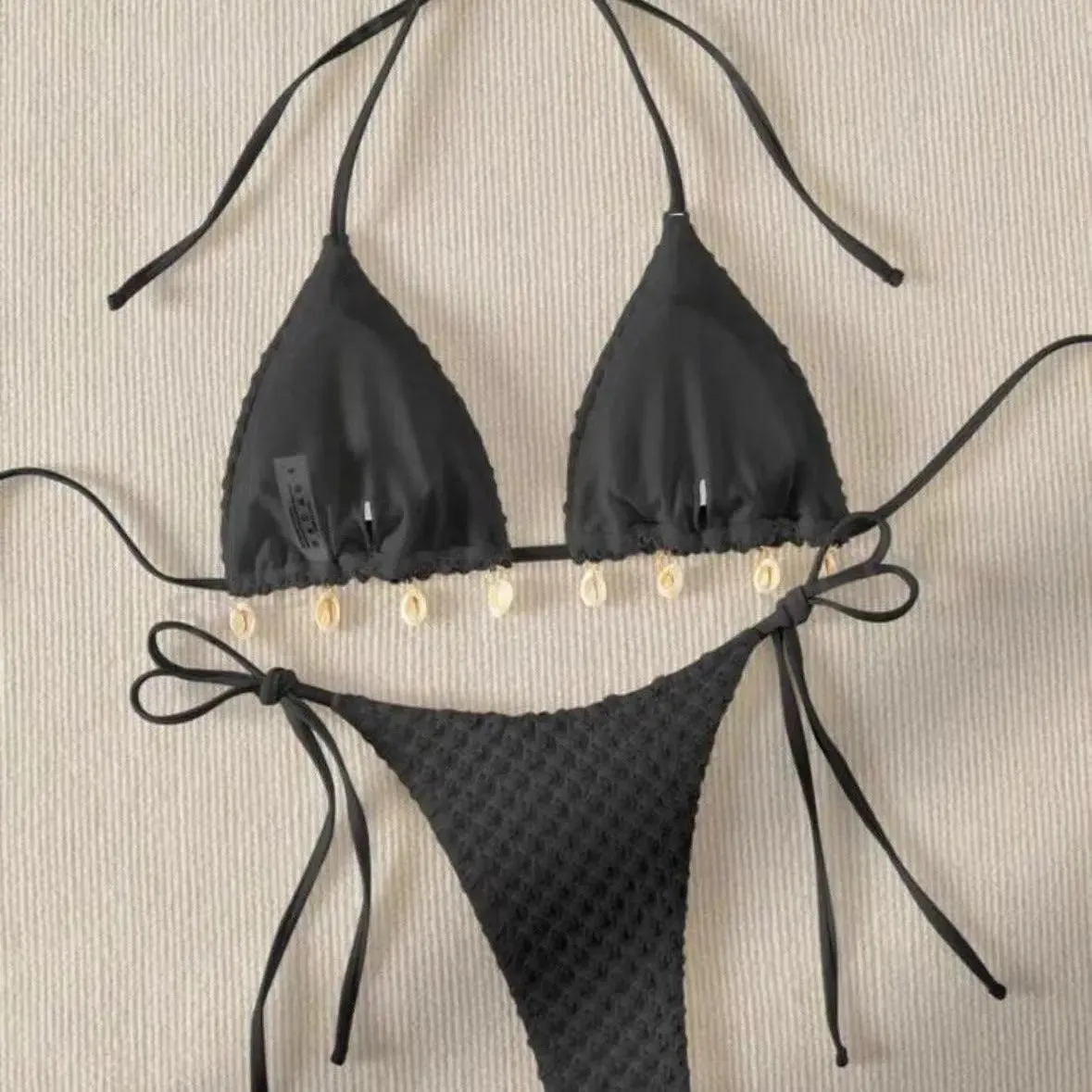 Textured Shell Detail Triangle Bikini Set