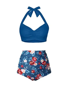 Vintage High Waisted Bikini Set Hook Tie closure Halter Top for Women