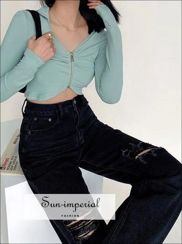 Women Mint Lapel Collar Ruched Plunge front Long Sleeve Cropped top with Zip front detail