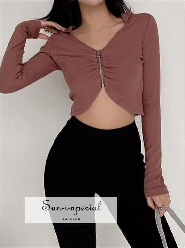 Women Mint Lapel Collar Ruched Plunge front Long Sleeve Cropped top with Zip front detail